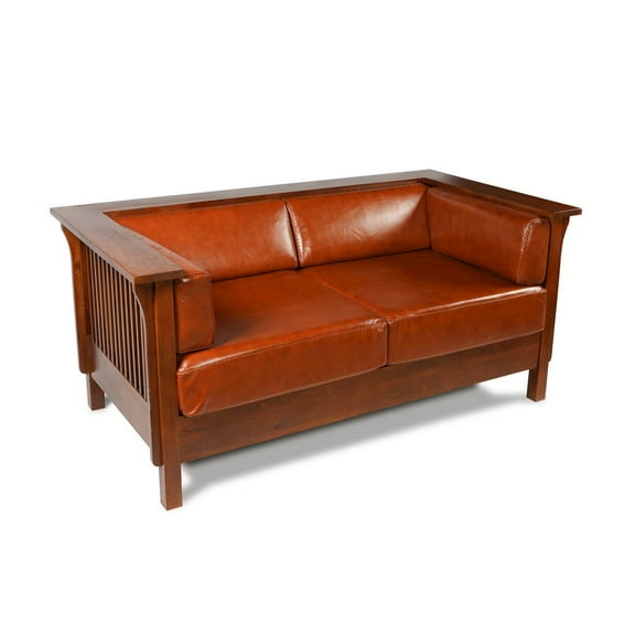 Crafters and Weavers Arts and Crafts Leather Slat Side Loveseat in Russet Brown