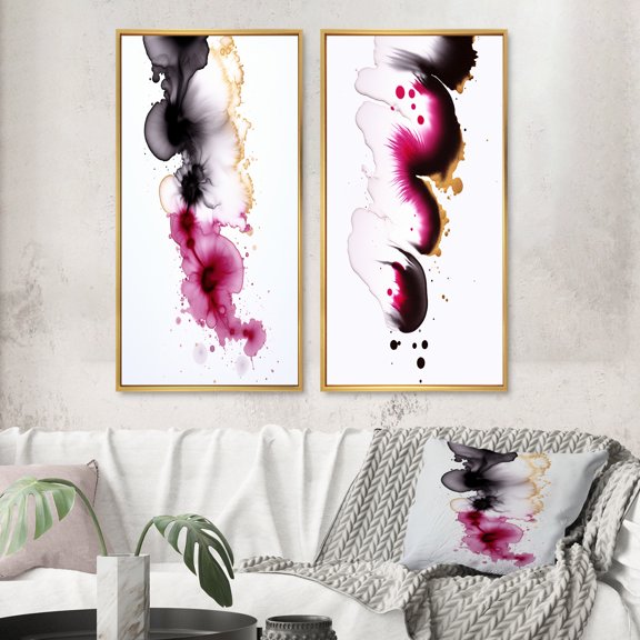Designart "Fusion in Magenta Minimal Ink Clouds VI" Abstract Painting Framed Wall Art Set Of 2 - Modern Black Framed Canvas Set For Living Room Decor