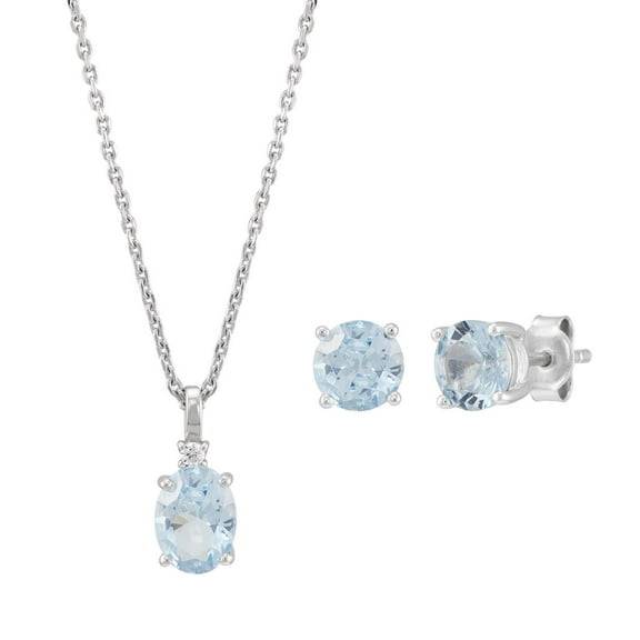 Brilliance Fine Jewelry Simulated Aquamarine and White Cubic Zircoina Pendant Necklace and Studs Set in Sterling Silver