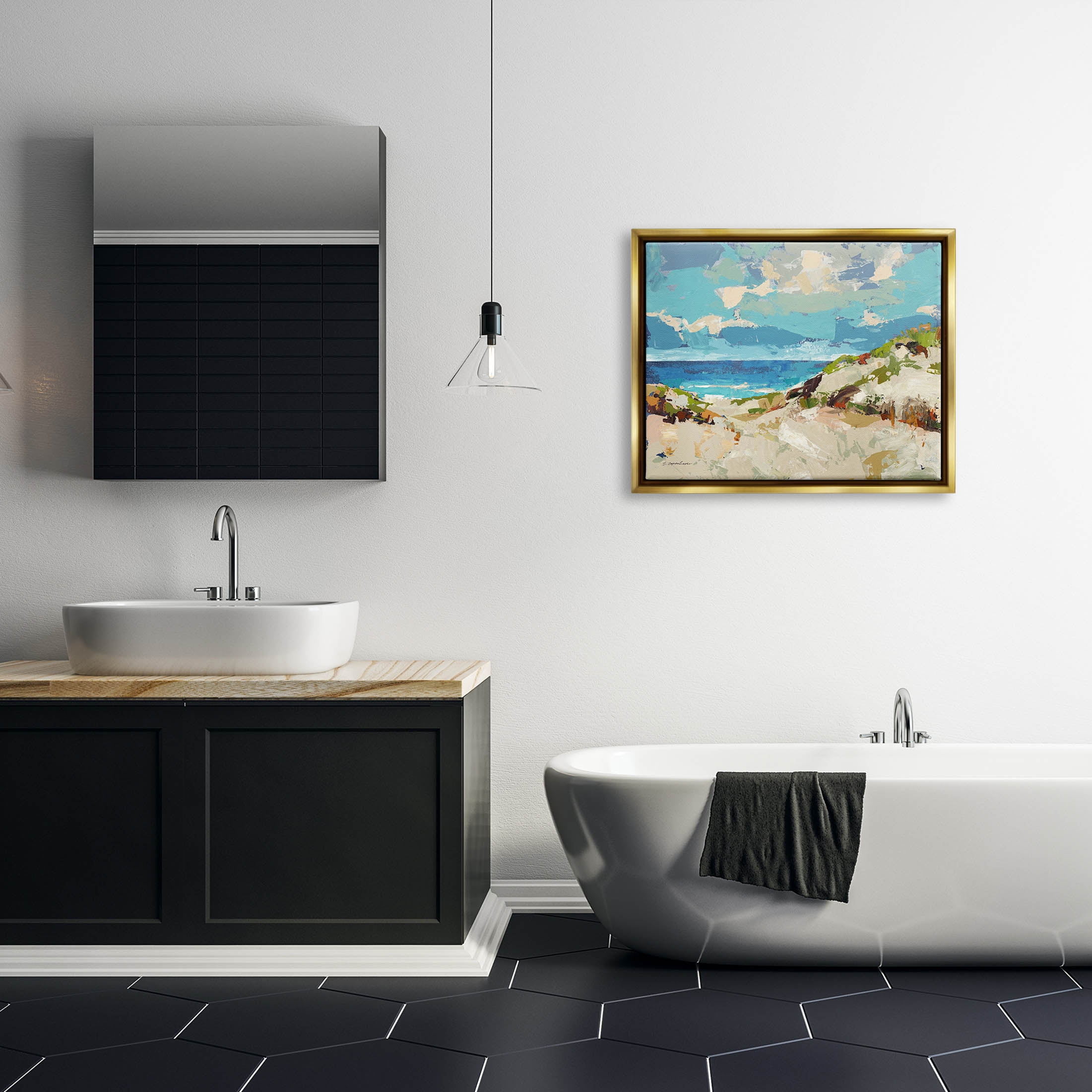 Stupell Industries Modern Beach Landscape Painting Metallic Gold Floating Framed Canvas Print Wall Art, Design by Trevor Copenhaver