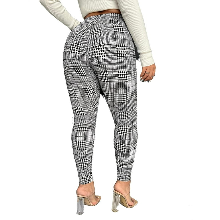 Casual Plaid Regular Black and White Plus Size Leggings Women s