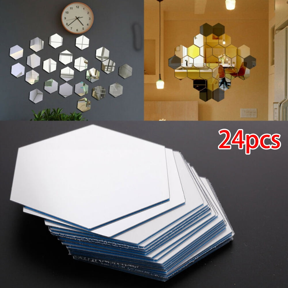24pcs Hexagon Mirror Sticker Self-adhesive Mosaic Tiles PS Bathroom Decorate