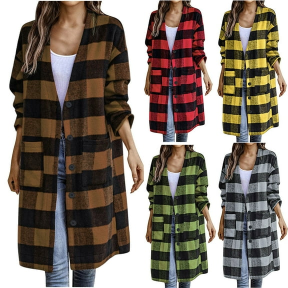 Juebong Women Long Plaid Shacket Jacket Trendy Fall Casual Button Wool Blend Tartan Trench Coat Winter Clothing Peacoat Jackets with Pockets Red,XXXL