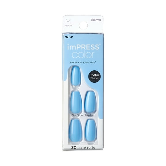 KISS imPRESS No Glue Needed Press On Nails, Color, Serene Blue, Blue, Medium Coffin, 30 Count
