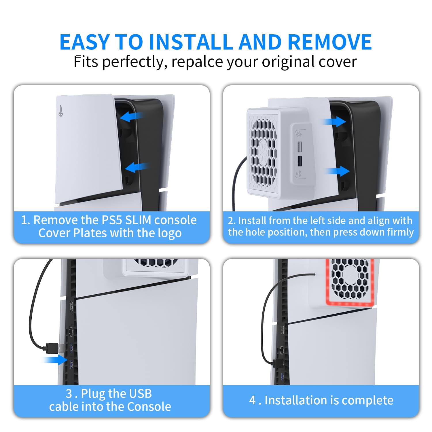 GAEKOL PS5 Slim Cooling Fan with PS5 Slim Plate Cover for Playstation 5, PS5 Slim Accessories with Adjustable Cooler Fan RGB LED Lights and 2 USB HUB for PS5 Slim Digital and Disc