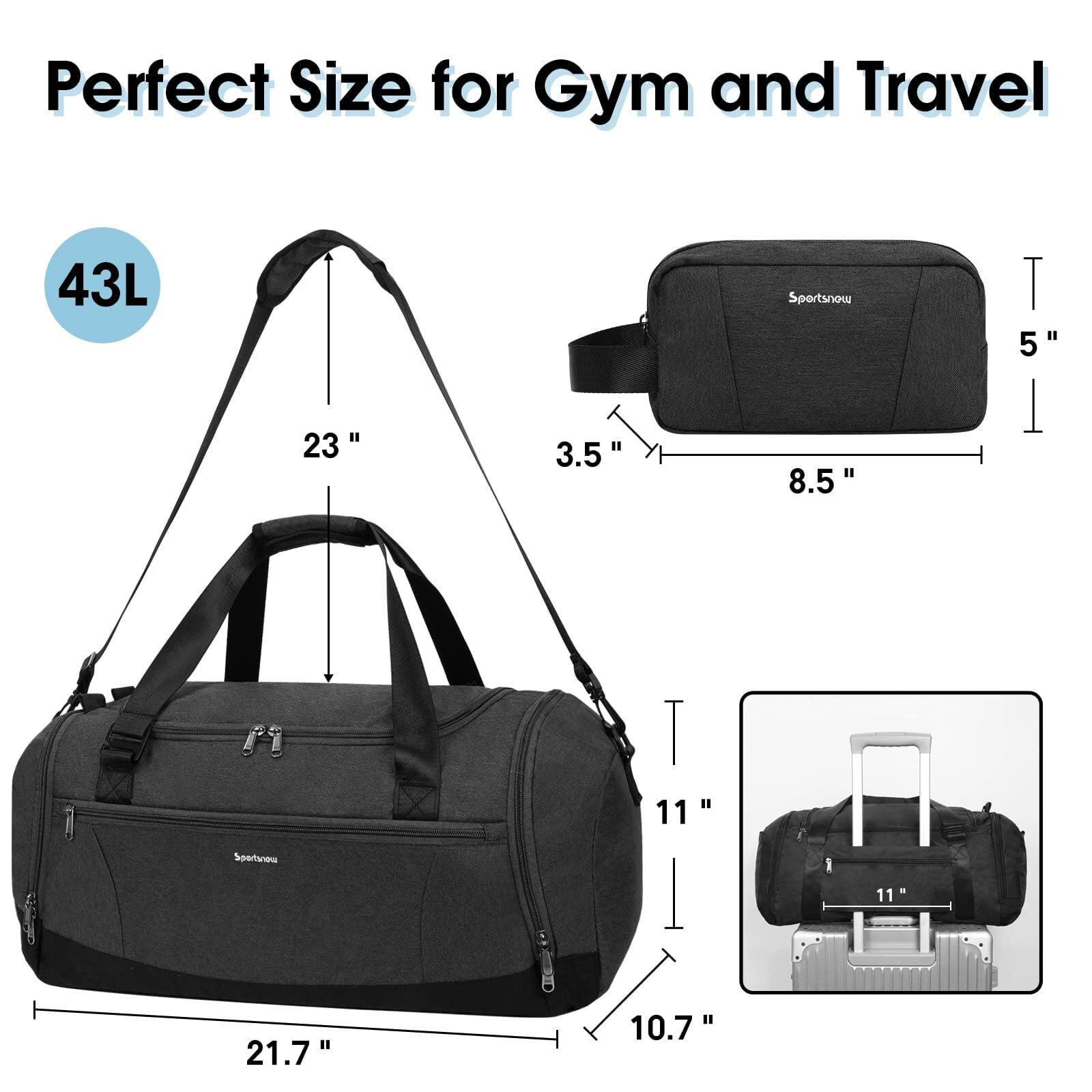 Gym Bags Set 2Pcs Men's Travel Duffel Bag with Toiletry Pouch Waterproof with Backpack Straps Shoe Compartment Wet Pocket for Women, Black