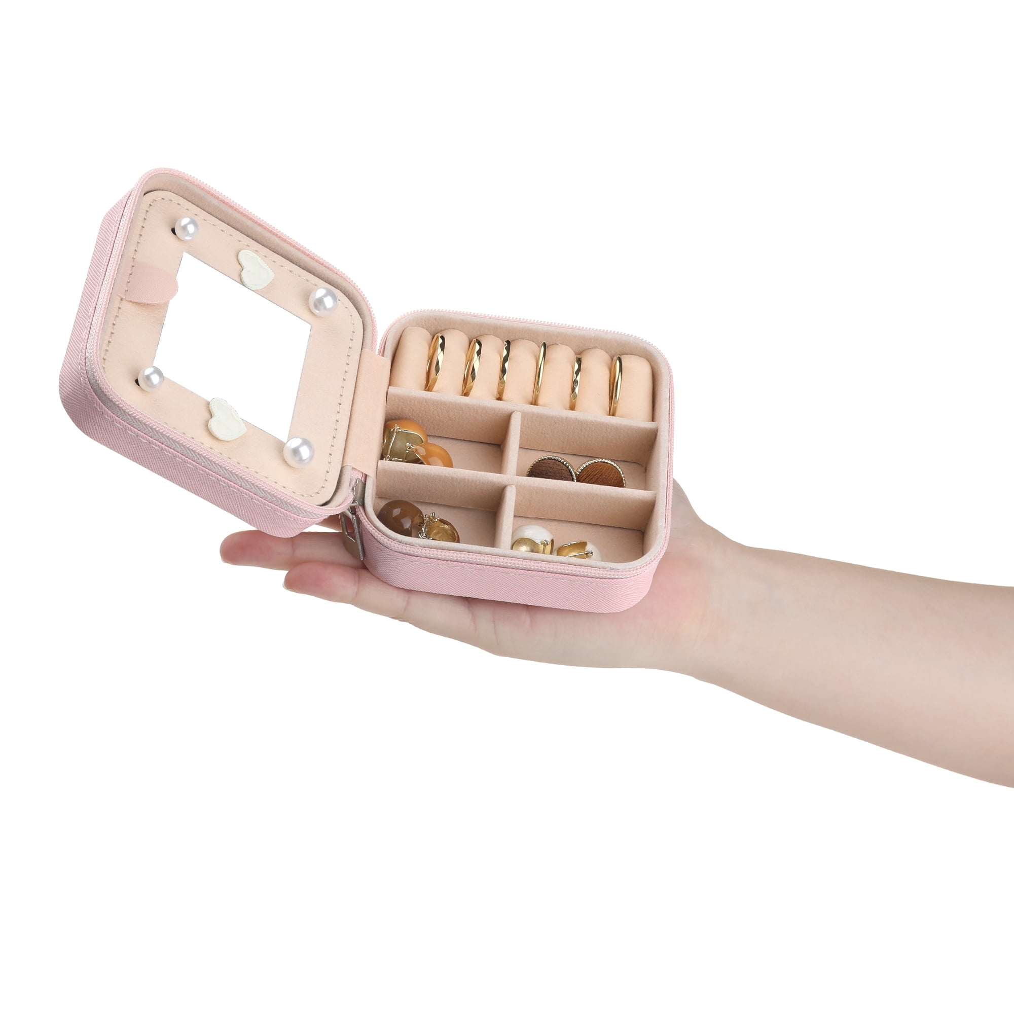 Unique Bargains Jewelry Boxes with Mirror Mini Portable PU Leather Jewelry Organizer Case Pink Letter J