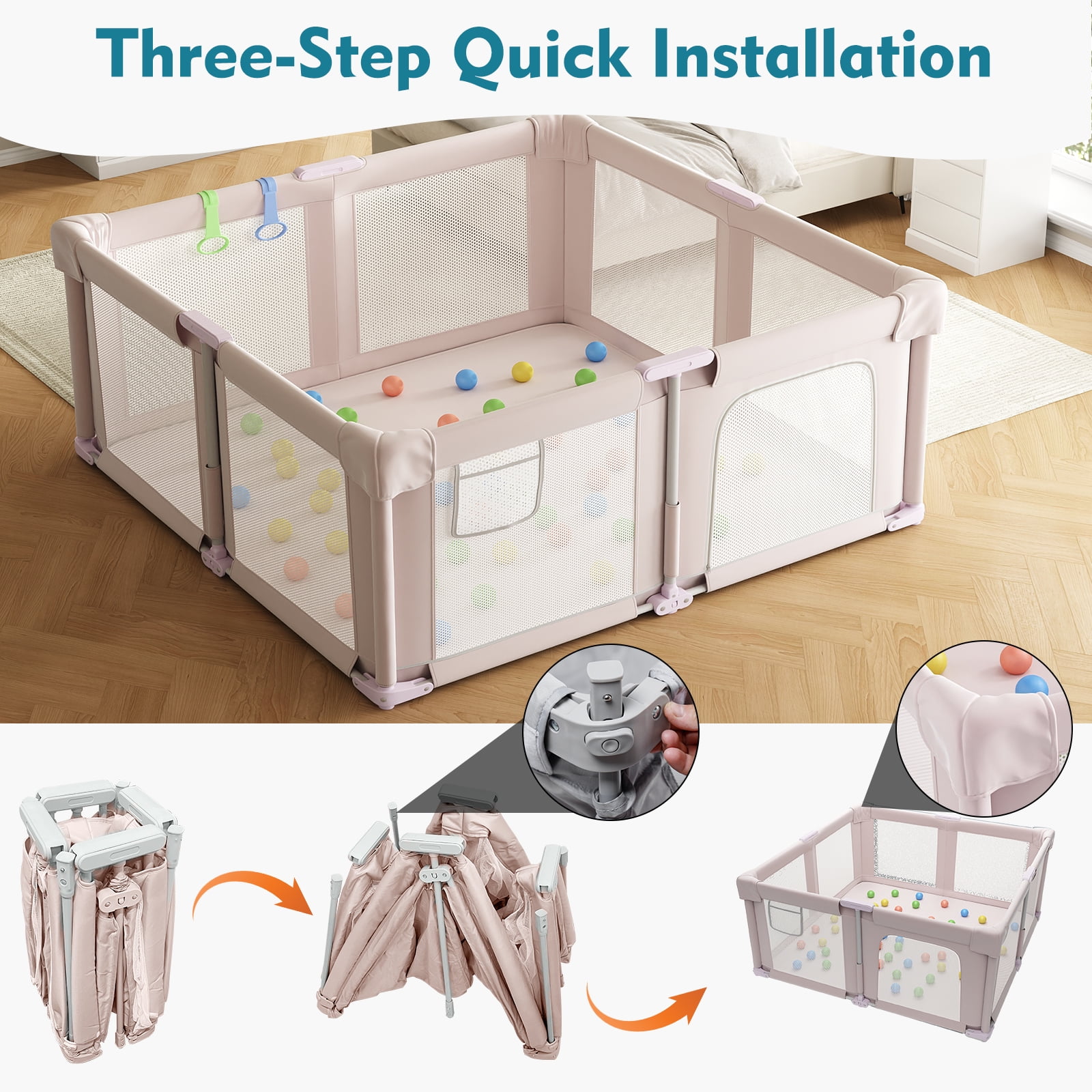 Baby Playpen 51" x 51", Play Pens for Babies and Toddlers Baby Fence Play Yards for Indoor & Outdoor with Breathable Mesh Anti-Fall Playpen, Pink