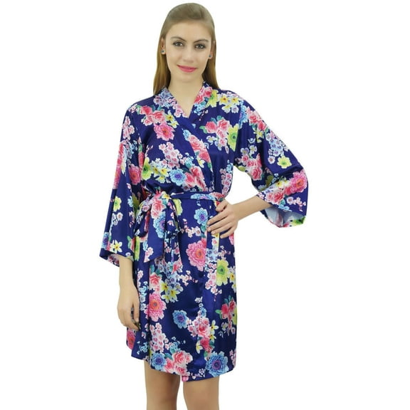 Bimba Womens Blue Floral Satin Kimono Bridesmaid Bride Getting Ready Coverup-24