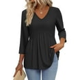 thumbnail image 3 of Ronuti 3/4 Length Sleeve Womens Tops 2025 Blouses for Women Dressy Casual Fashion Clothing V Neck Babydoll Tops Fall Outfits, 3 of 8