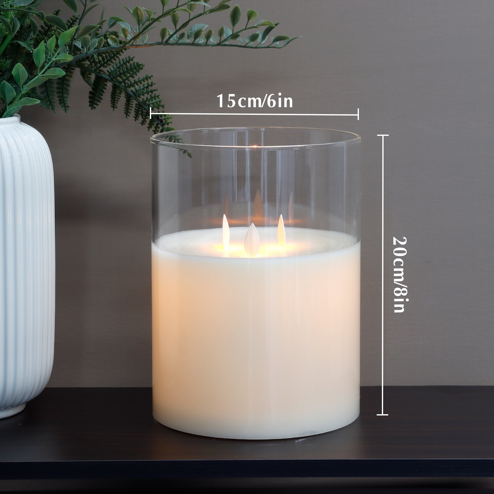 JHY DESIGN 3-Wick Flicker LED Flameless Pillar Candles with Timer, Real Wax, Battery Operated, 8'' High