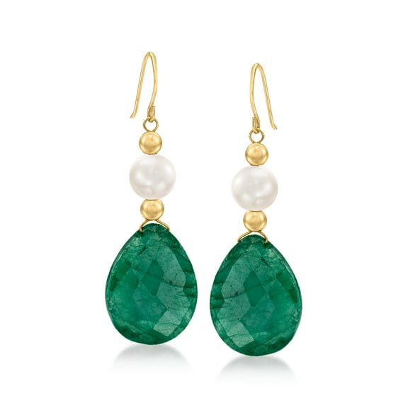 Ross-Simons Cultured Pearl and 20.00 ct. t.w. Emerald Drop Earrings in 14kt Yellow Gold, Women's, Adult
