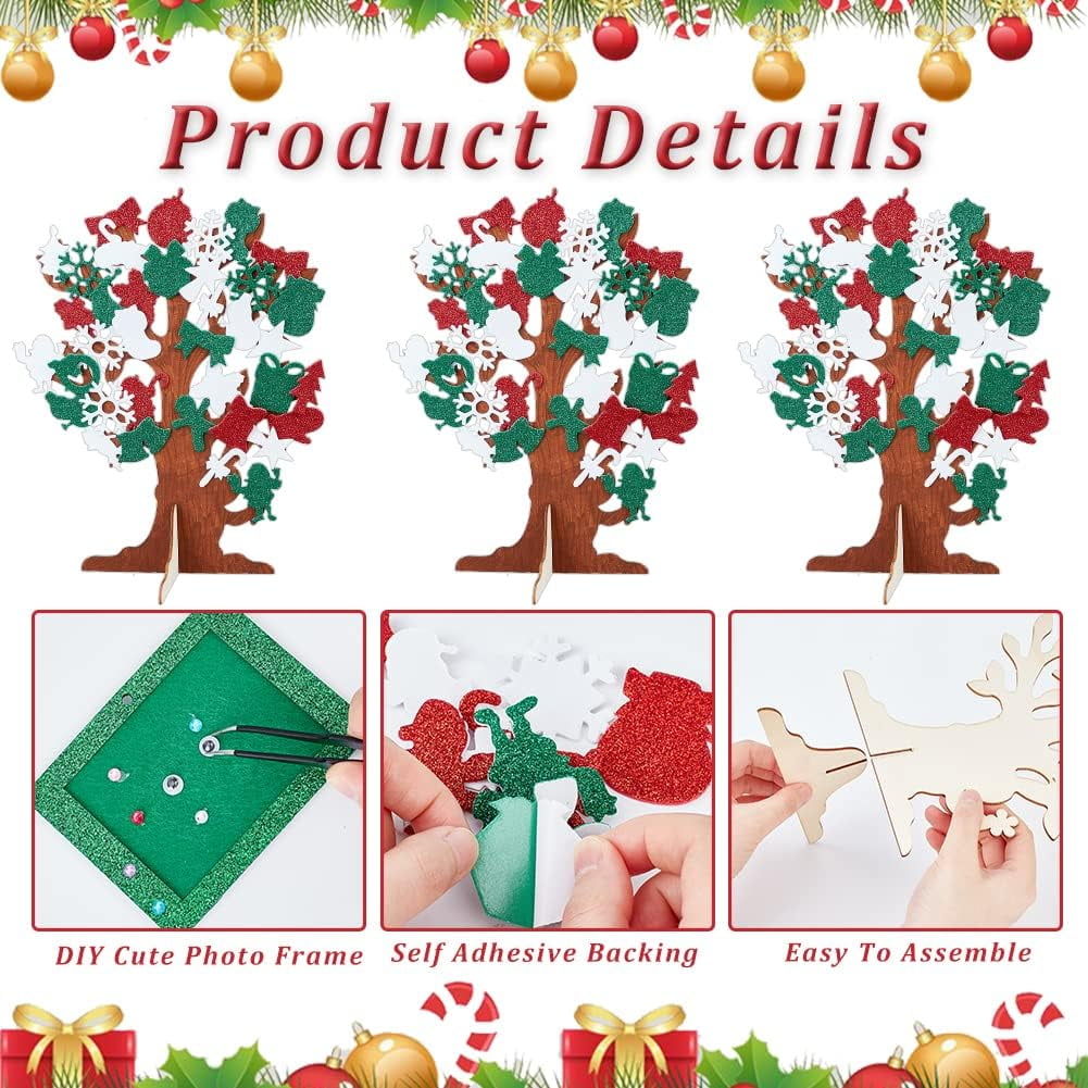 6 Set Foam Stickers 3D Craft Tree Kit Christmas Unfinished Wood Tree Christmas Tree with 500Pcs Santa Claus Gingerbread Elk Sticker for Art Project Family Activity Christmas Decoration Colorful