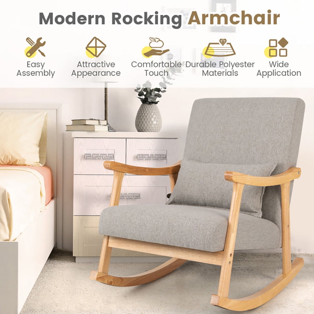 Finihen Rocking Chair, Recliner Chair, Upholstered Rocking Chair with Pillow and Rubber Wood Frame, for Living Room, Bedroom, Gray Finihen Rocking Chair, Recliner Chair, Upholstered Rocking Chair with Pillow and Rubber Wood Frame, for Living Room, Bedroom, Gray