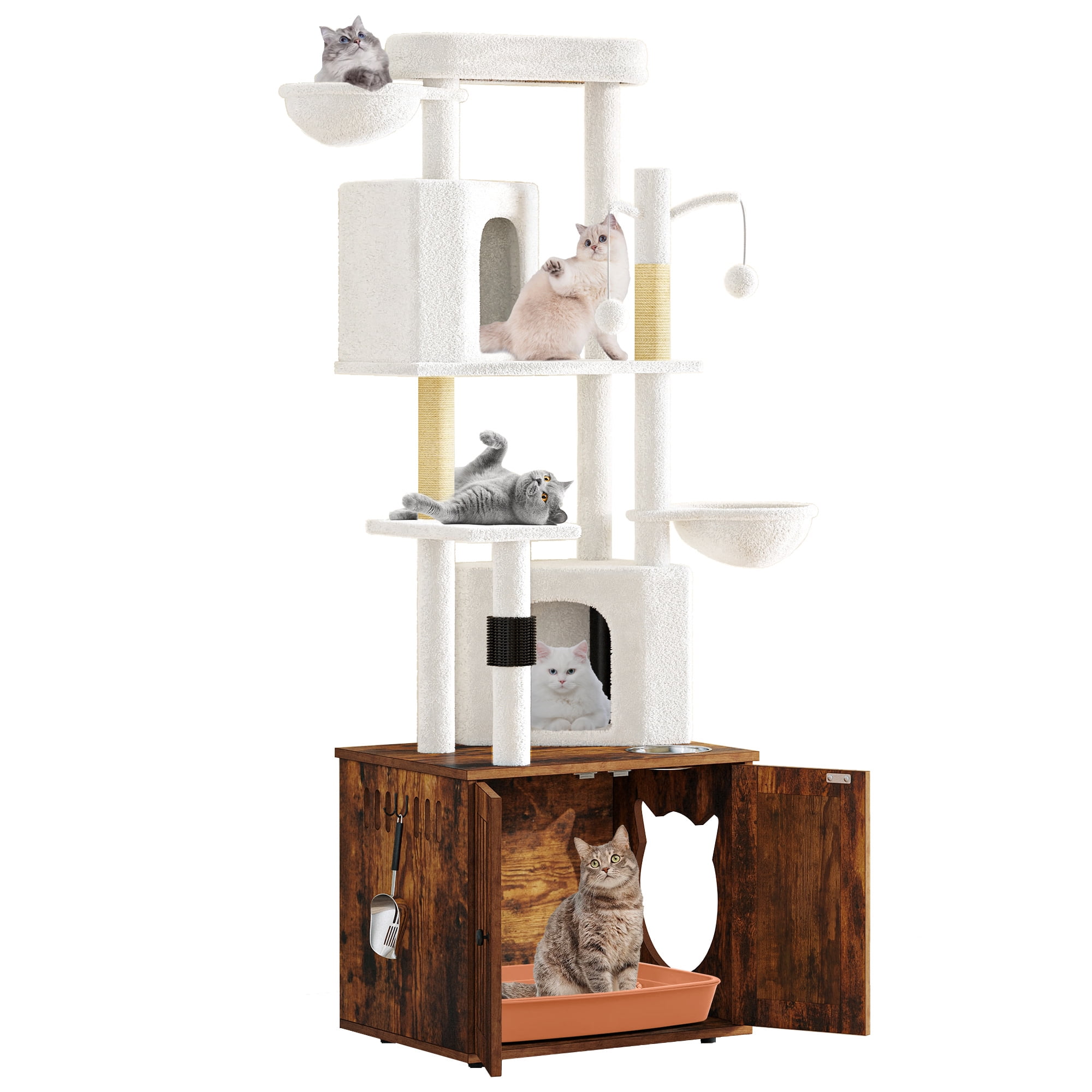 Dextrus Modern Cat Tree with Hidden Litter Box Enclosure,  Cat Furniture with Scratching Posts, 4-Tier Platform, Condos and Food Station, Brown