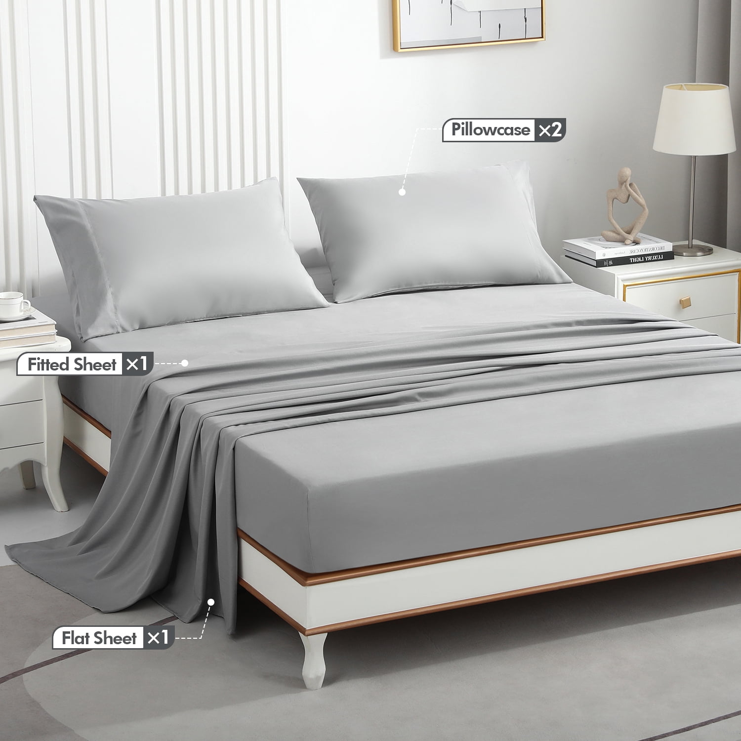 Johnpey 4-Piece Bamboo Bed Sheet Set, Queen Size - Gray