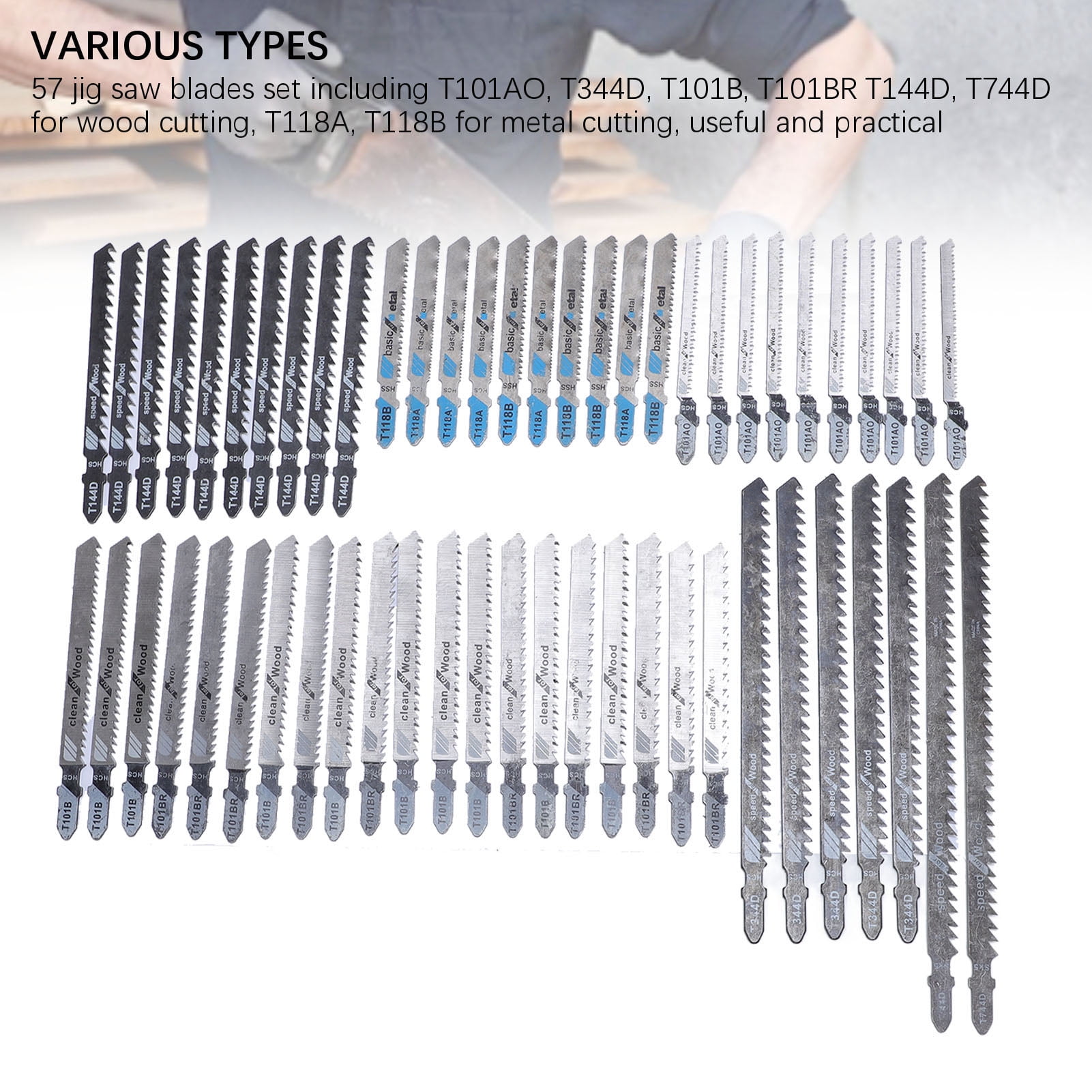 Yajisi 57Pcs Jigsaw Blades Set T Shank Jig Saw Replacement HCS HSS SK5 High Carbon Steel For Wood Plastic Metal Cutting Woodworking Accessories 8.27 inches / 21 cm Length