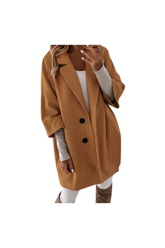 Woman Artificial Wool Elegant Blend Coat Slim Female Long Coat Outerwear Jacket Khaki XL