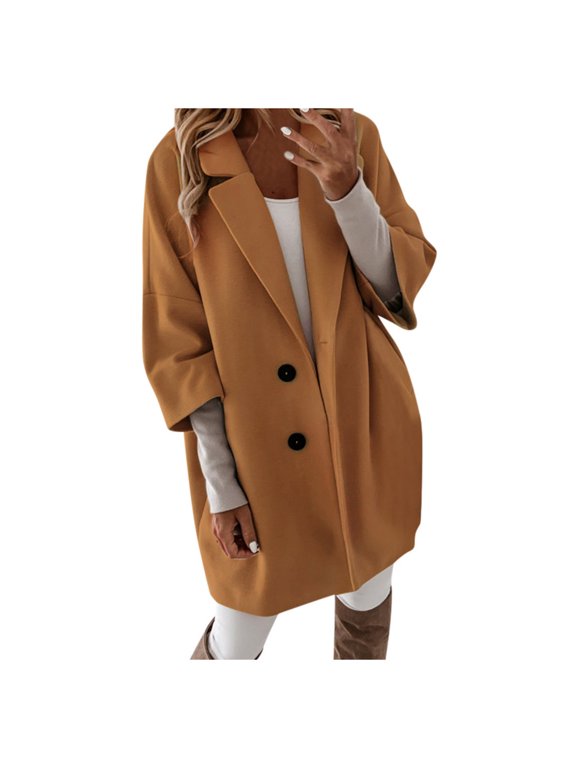 Woman Artificial Wool Elegant Blend Coat Slim Female Long Coat Outerwear Jacket Khaki XL