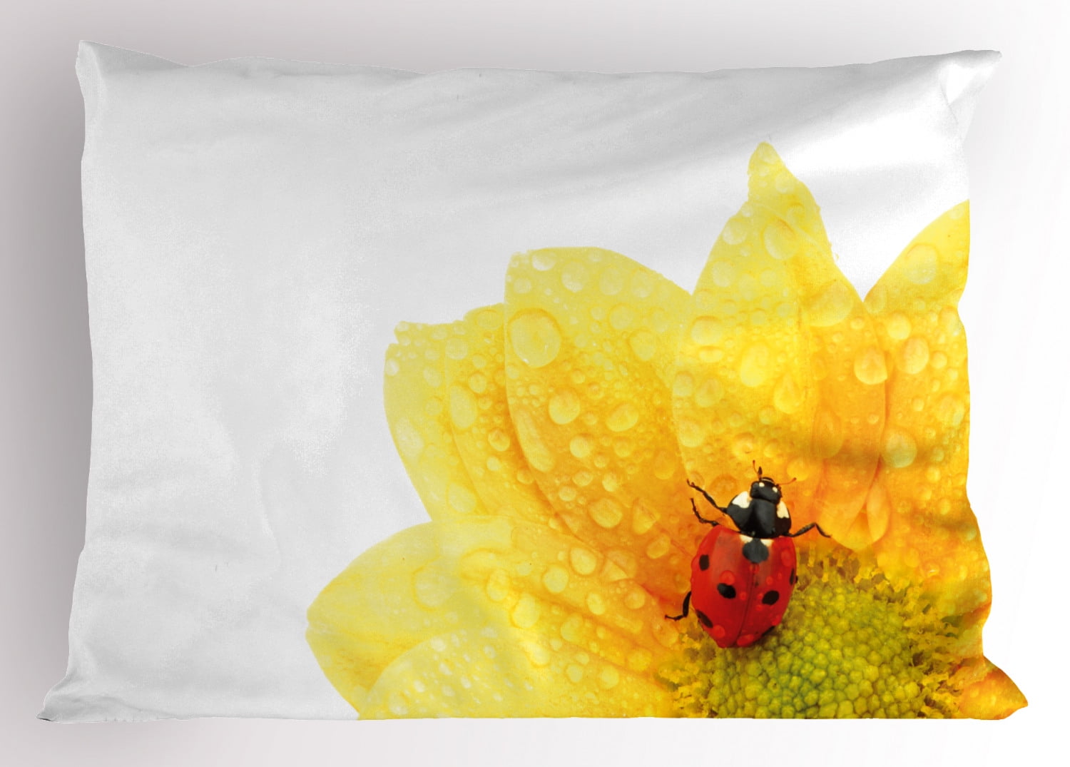 Yellow Flower Pillow Sham Cute Little Ladybug on Gerbera Wet Petals Water Drops Fresh Garden, Decorative Standard Size Printed Pillowcase, 26 X 20 Inches, Yellow Vermilion, by Ambesonne