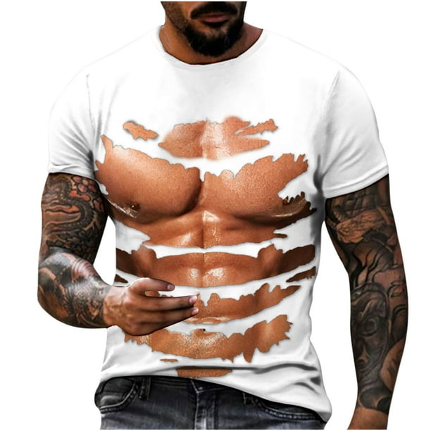 Hombres Casual cuello redondo músculo 3D impresión digital pulóver Fitness deportes pantalones cortos mangas camiseta blusa Pompotops oipoqjl31563