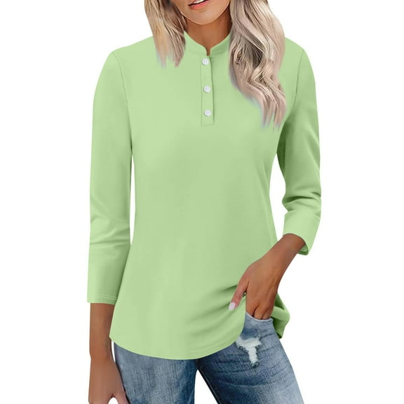 Breezora Stand Collar 3/4 Sleeve Button Down Shirt for Women Lightweight Breathable Tunic Top for Office Casual and Outdoor Activities L Size Beige