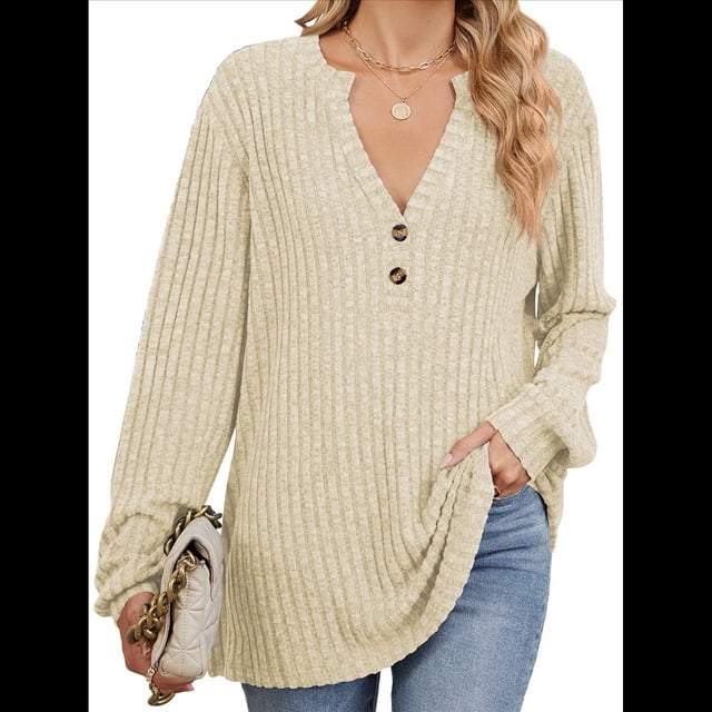 Camisa Henley de Larga para Mujer, Cuello en V, Suéteres Casuales Elegantes, Ropa de Moda para Otoño. Albaricoque XL