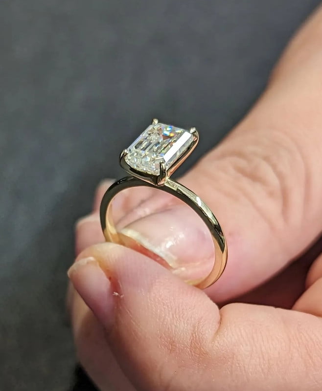 Jewelerix Emerald Cut Moissanite Engagement Ring for Women Vermeil 14K Yellow Gold Ring 4 Prong Solitaire Promise Ring Classic Minimalist Bridal Ring