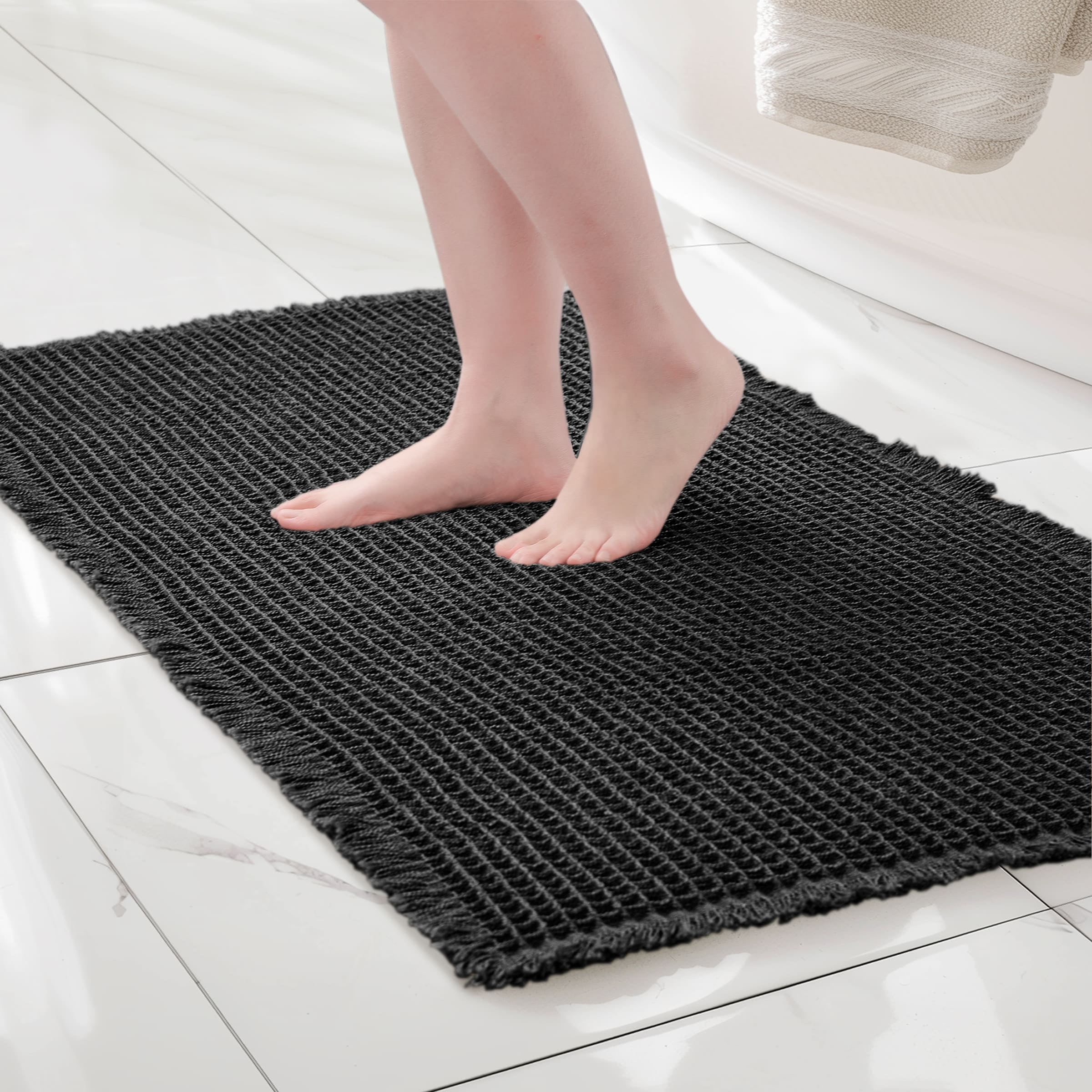 Subrtex Waffle Weave Bathroom Rug, Non Slips Bath Mat, Absorbent Bathmat Bath Rug for Bathroom (24"x55", Black)