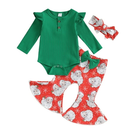 

Baby Girls Christmas Outfit 3 6 12 18M Long Sleeve Romper with Santa Print Flare Pants and Headband Clothing Set