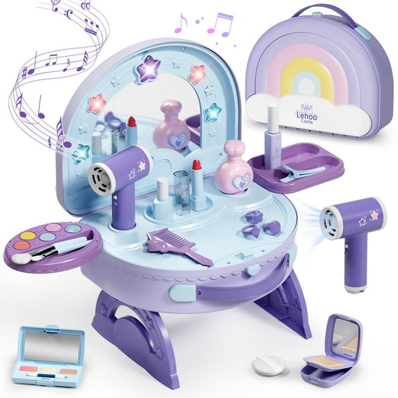 Kids Vanity Sets for Girls, Toddler Portable Vanity Set Makeup Table for Kids, Girls Vanity with Mirror & Lights & Music & Pretend Cosmetics & Hair Dryer, Toddler Toys for 2-5 Year Old Girls