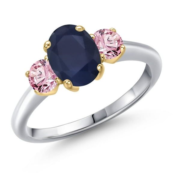 Gem Stone King 10K Two Tone Gold Blue Sapphire and Pink Lab Grown Diamond Engagement Ring for Women | 2.30 Cttw | Oval 8X6MM | Gemstone September Birthstone | Size 6