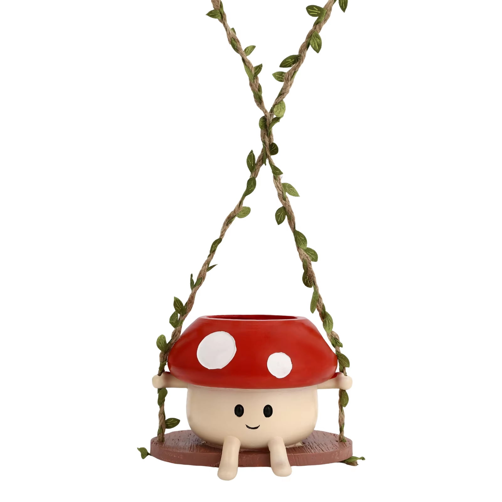 Opvise Low-Maintenance Cartoon Face Mushroom Swing Hanging Planter Pot with Wooden Holder, Lightweight Resin Ceramic Flower Pot for Indoor Outdoor Plants, Decorative Garden Decor