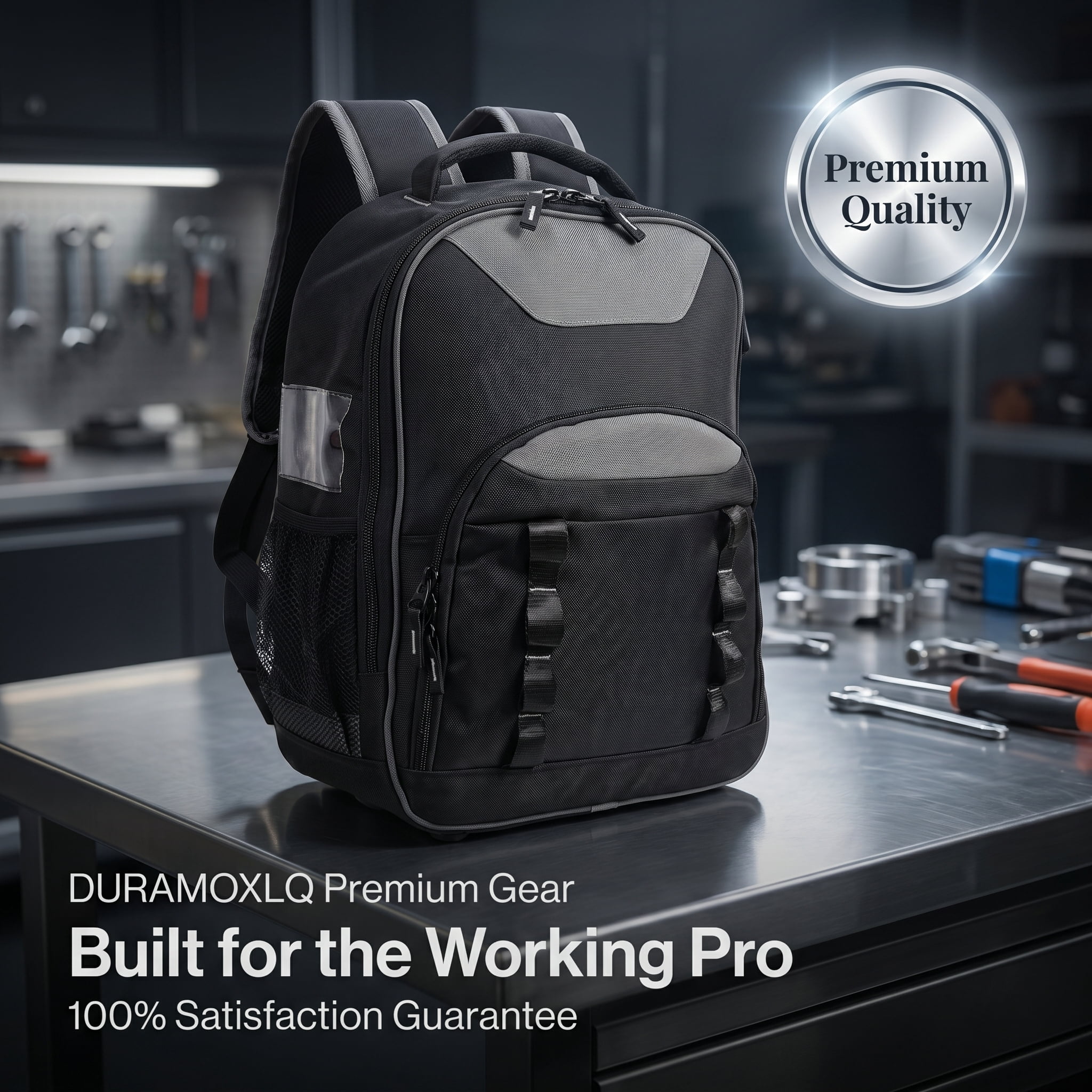 Tool Backpack, Heavy Duty Oxford Cloth Tool Bag, 25kg Load Capacity, Detachable Tool Organizer, Laptop Compartment, Padded Back, Multiple Pockets, Black/Gray, 14.5 x 7 x 18.9 in