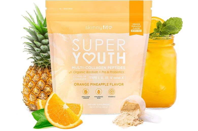 SkinnyFit Super Youth Orange Pineapple Multi-Collagen Peptides Plus Apple Cider Vinegar, Hyaluronic Acid & Vitamin C, Hair, Skin, Nail & Joint Support, Immunity, Healthy Metabolism, 30 Servings