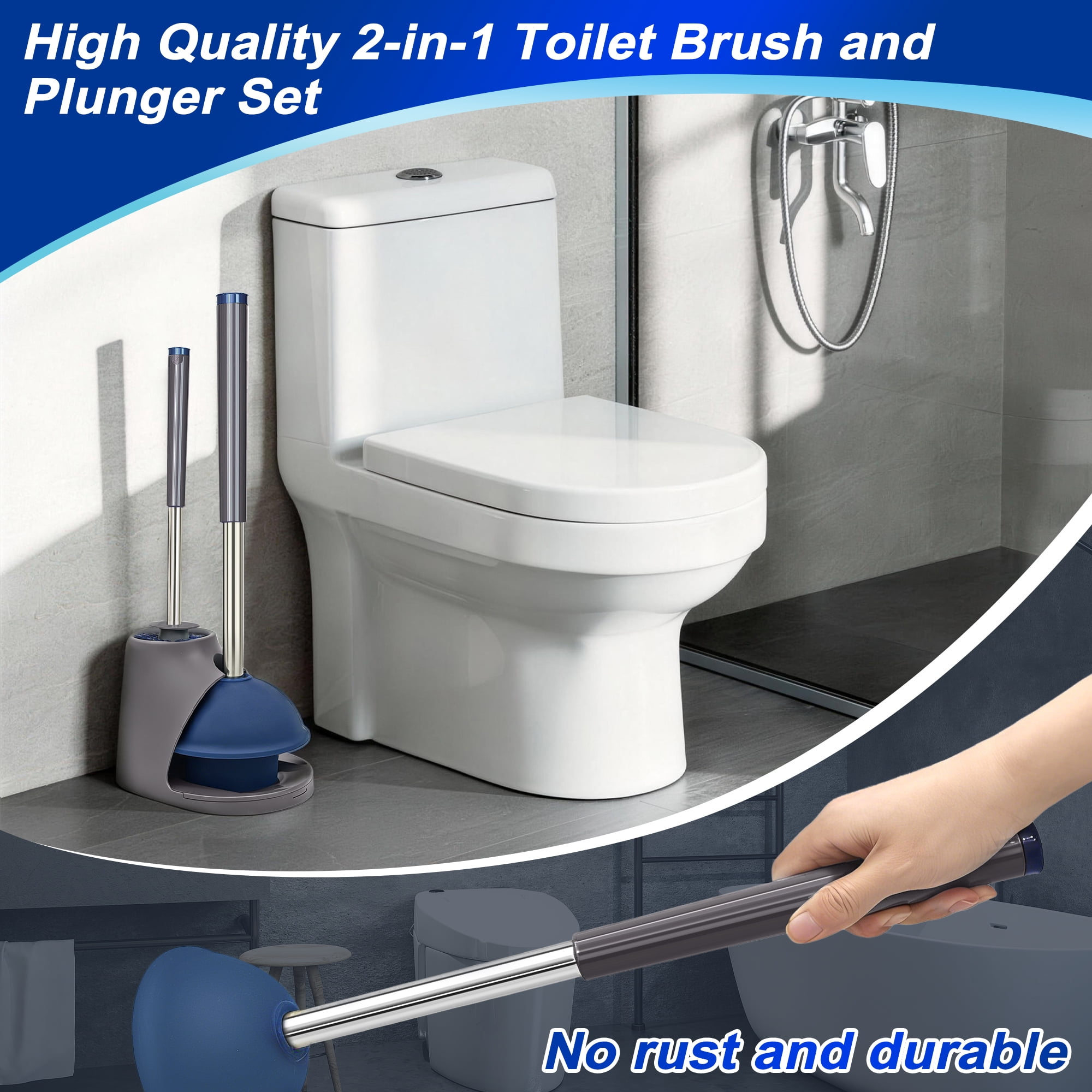JEHONN Toilet Plunger and Brush Set with Holder and Hidden Tweezer (Gray)