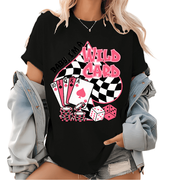Baby I'm a Wild Card Western Cowgirl Pattern T Shirt Return Graphic Tops Vintage Country Western Print Tees Black,M