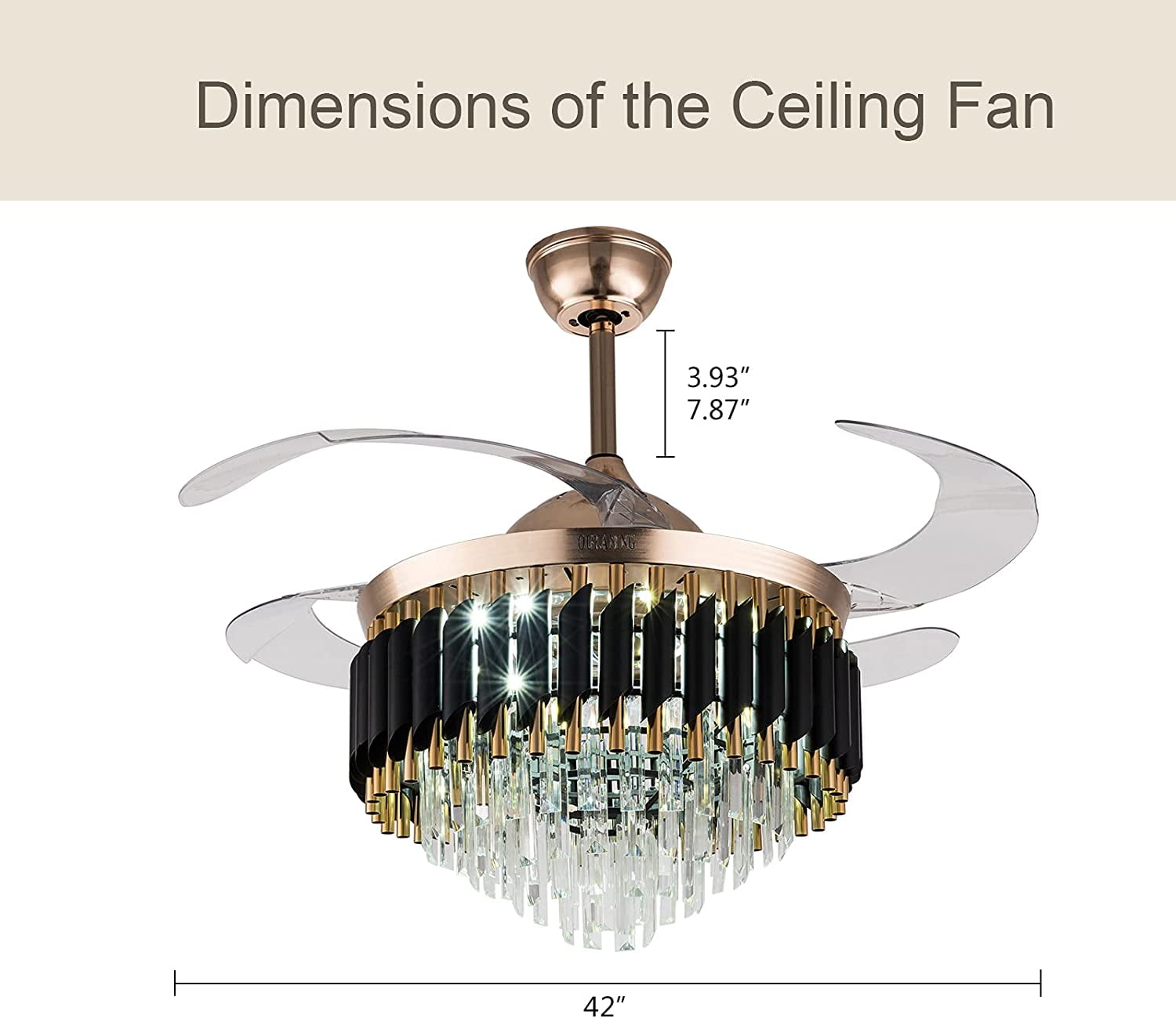 Details about   42" Luxury Crystal Retractable Ceiling Fan Light Remote LED 3-Color Chandelier 