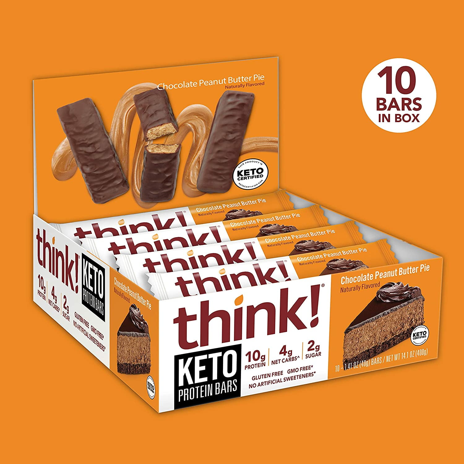 think! Keto Protein Bars - Chocolate Peanut Butter Pie, 1.41 oz Bar, 10 Count