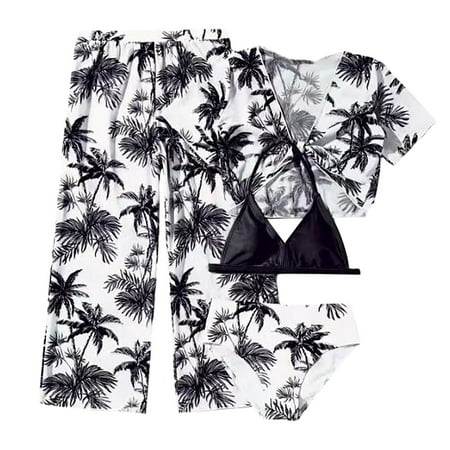 XXWXYD Girls  Clothing Girl s 4 Piece Swimsuits Tropical Print Bikini Set Bathing Suits with Cover Up Pants for Fashion Casual Breathable Clothing (7-8 Years Black)