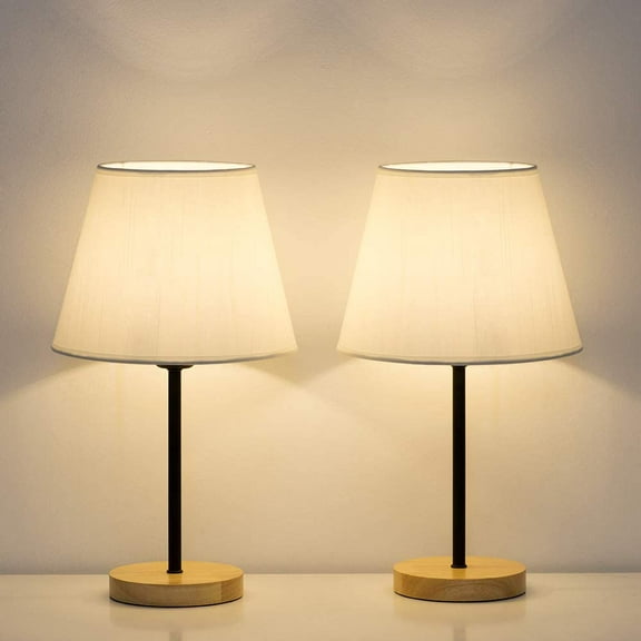 Haitral Black Bedside Lamp with Wood Base Fabric Shade Set of 2
