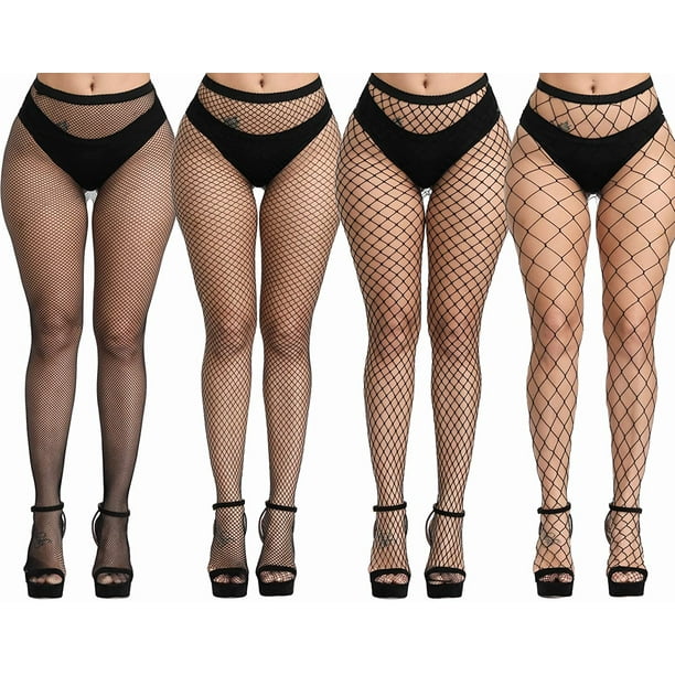 Plus Size Fishnet Stockings - Black Fishnets Tights Thigh High Stockings  Suspender Pantyhose 4 Pack, Black Color 