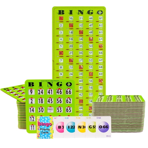 MR CHIPS Bingo Game with 50 Jam-Proof Large Print Fingertip Slide Bingo Cards, 75 Bingo Calling Cards, 1 Bingo Master Board - Green Style