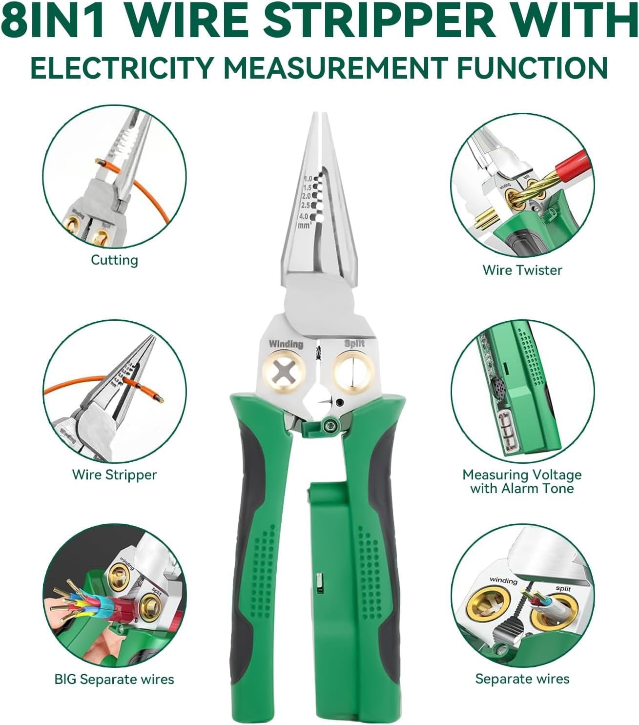 8 In 1 Wire Stripper With  Tester, Multi-Function Electric Wire Stripping Tool For  And Pulling Pliers, Electrician Repair Tool, Wire Strippers Electrical (Green)