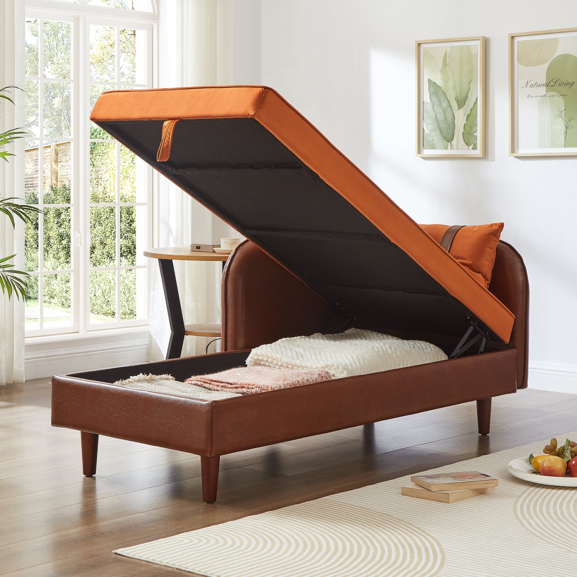 Leumius 65" Chaise Lounge Indoor,PU Leather Velvet Lounge Chair Sofa with Storage and 2 Pillows,Orange+Dark Brown