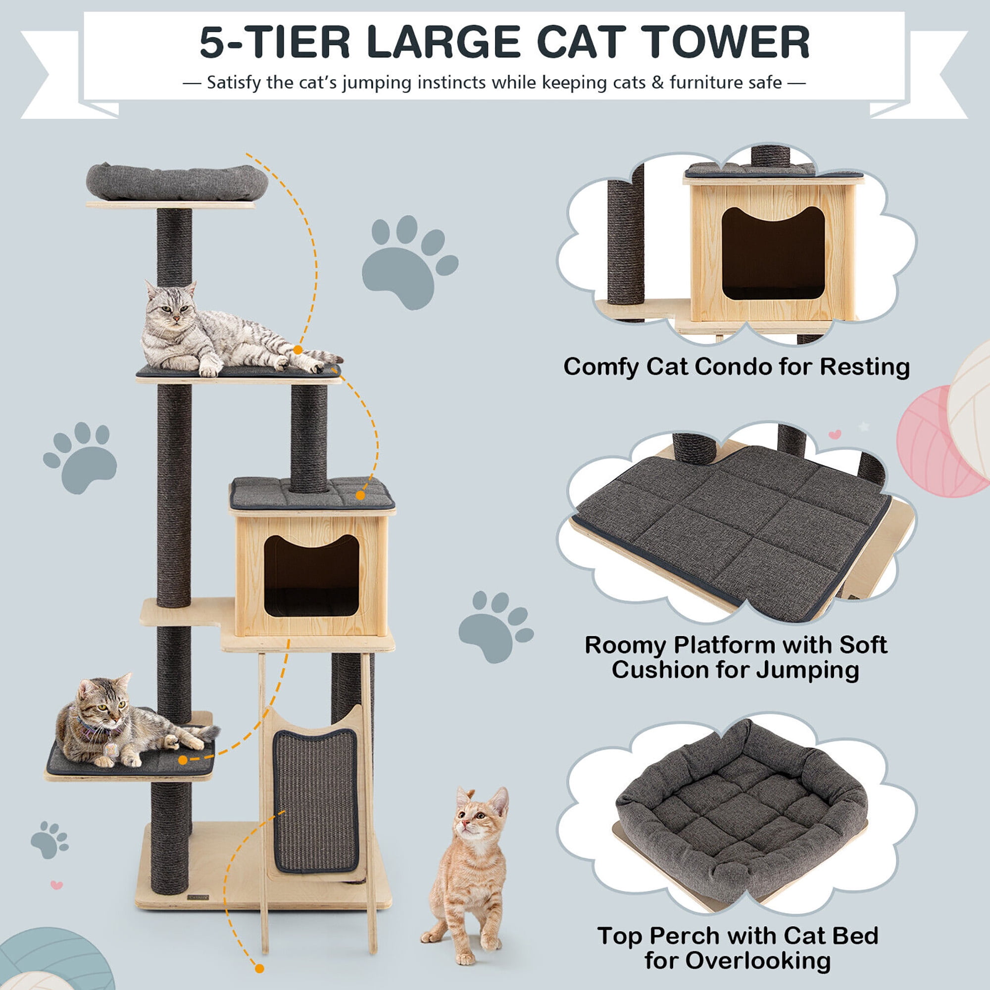 Gymax 69 in Modern Wood Cat Tree 5-Tier Tall Cat Tower w/ Washable Cushions