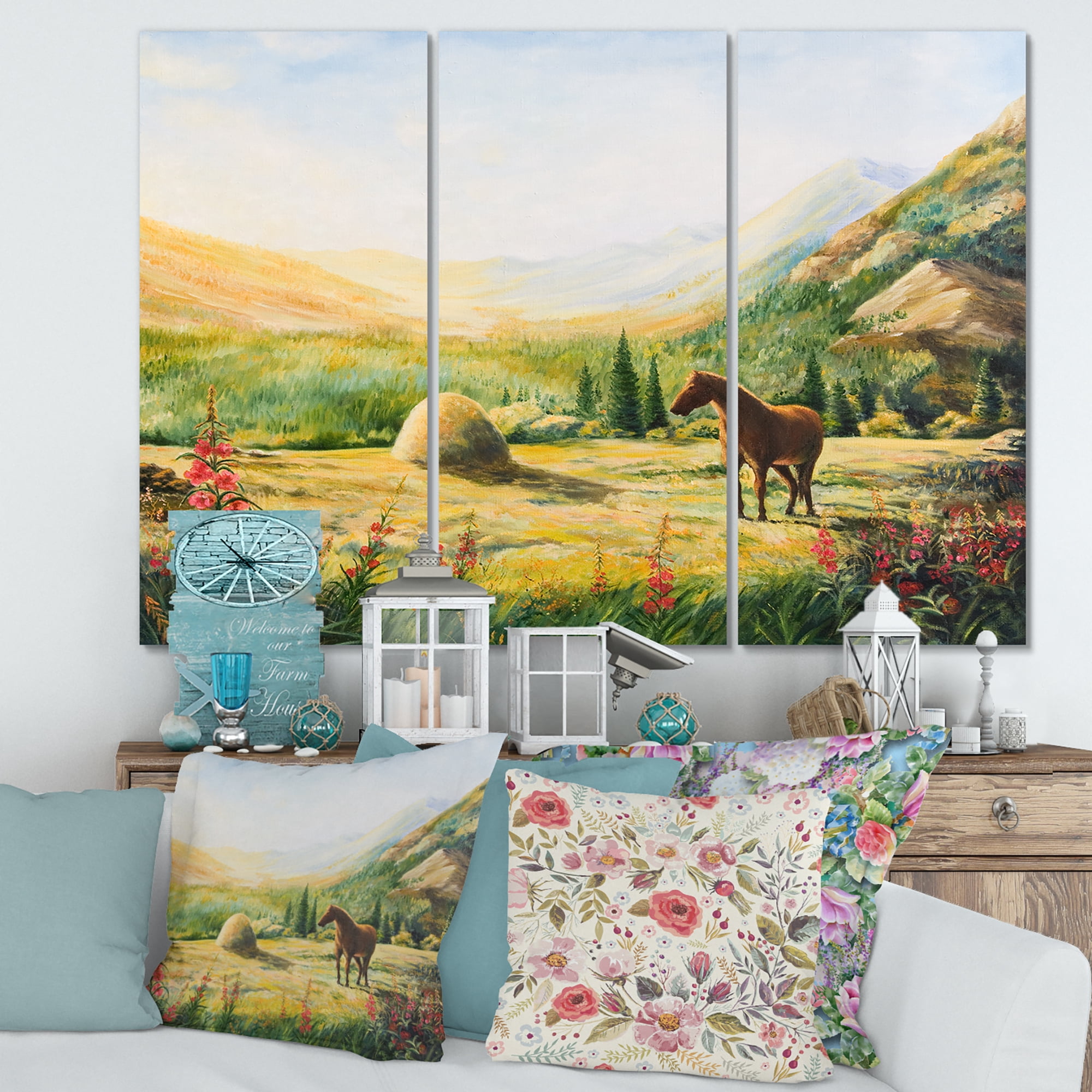 Sunrise In The Mountains With Horse 28 in x 36 in Painting Canvas Art Print, by Designart
