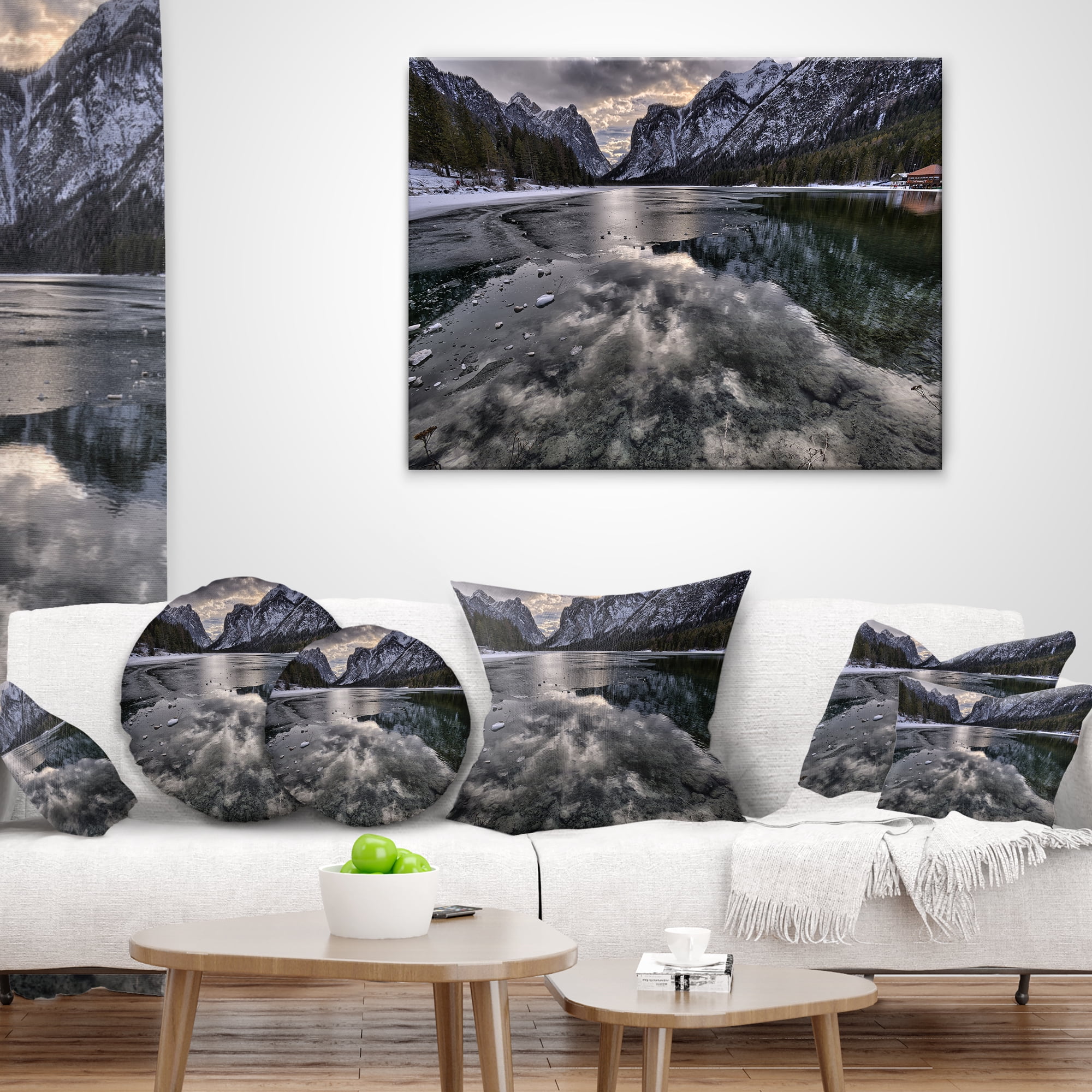 Designart Black Icy Mountain Lake with Snow - Contemporary Landscape Printed Throw Pillow - 18x18