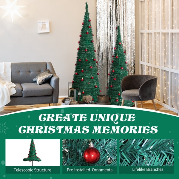 Alvantor 2-Pack Pop-Up Artificial Christmas Trees, 5 ft and 6 ft, Red Ball Ornaments, Green