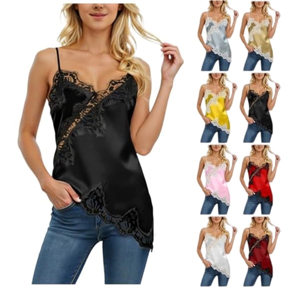 Women's Coquette Style Tops Satin Lace Pattern Deep V Neck Spaghetti Strap Tank Top Asymmetrical Hem Silky Casual Going Out Summer Camisole, #03 Black, XXL
